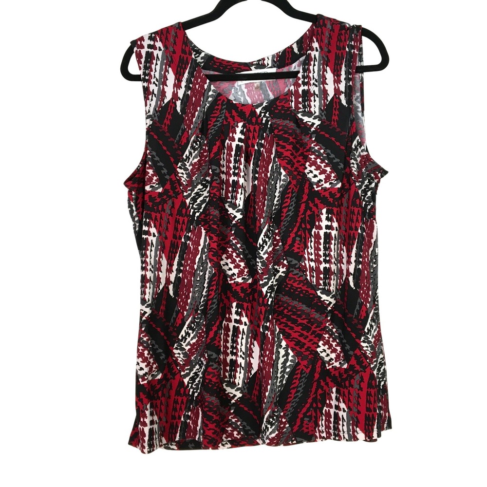 Kasper Women's Sleeveless Pleated Tank Top Size L Red Black Gray Abstract Print